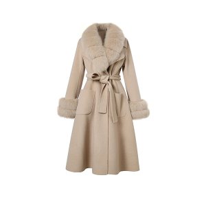 Winter Wool Trench Coat  Fur Jackets With  Detachable Fluffy Fur