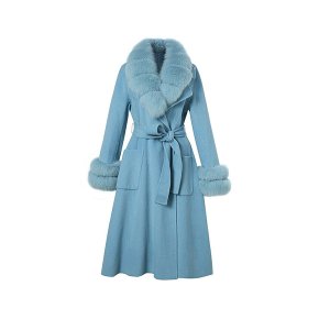 inter Wool Trench Coat Fur Jackets With Detachable Fluffy Fur Blue