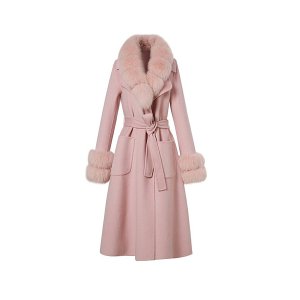 Winter Wool Trench Coat Fur Jackets With Detachable Fluffy Fur Pink
