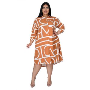 Print Lapel Long Sleeve Shirt Dress with Irregular Plunge woman plus size dress