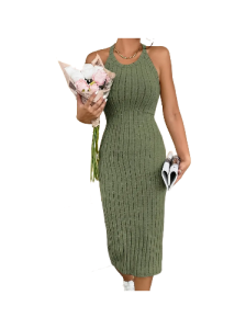 Ribbed Halter Neck Dress, Elegant Sleeveless Dress For Spring & Summer, Women's Clothing