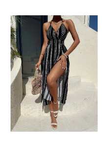 Stripe Print Halter Neck Dress, Casual Backless Split Hem Halter Dress For Spring & Summer, Women's Clothin