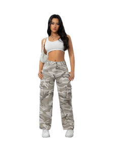 Women's High-Waist Non-Stretch Light Camouflage Cargo Denim Pants, Casual Style, With Pockets Jeans(Gray)
