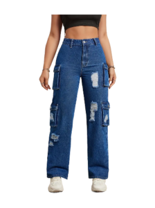 Ripped Plain Flap Pocket Straight Leg Jeans, Versatile High Rise Ripped Cargo Denim Pants, Women's Denim Jeans & Clothing