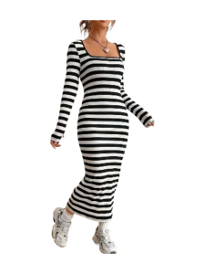Striped Pattern Square Neck Slim Dress, Elegant Long Sleeve Bodycon Maxi Dress For Spring & Fall