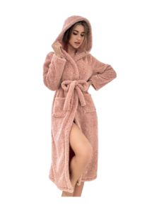 Solid Hooded Bathrobe, Cute Warm & Fuzzy Long Sleeve Lounge Robe With Pockets & Belt