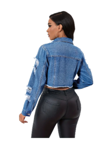 Women's Washed Plain Blue Distressed Denim Jacket With Faux Pockets, Casual Jean Top(Blue)