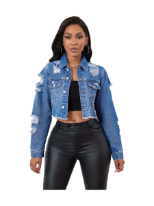 Women's Washed Plain Blue Distressed Denim Jacket With Faux Pockets, Casual Jean Top(Blue)