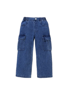 Girl's Casual Pocket Patched Jeans, Elastic Waist Denim Cargo Pants