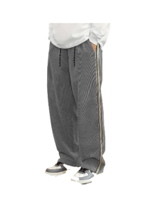 Secret Shield Men's Stripe Decor Corduroy Pants with Drawstrings - Casual Outdoor Straight Leg Trouser