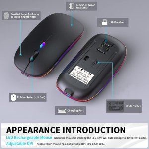 Wireless Rechargeable Mouse with RGB LED, 3 DPI Modes (800-1600), USB-C Charging, ABS Shell, Bluetooth/2.4G
